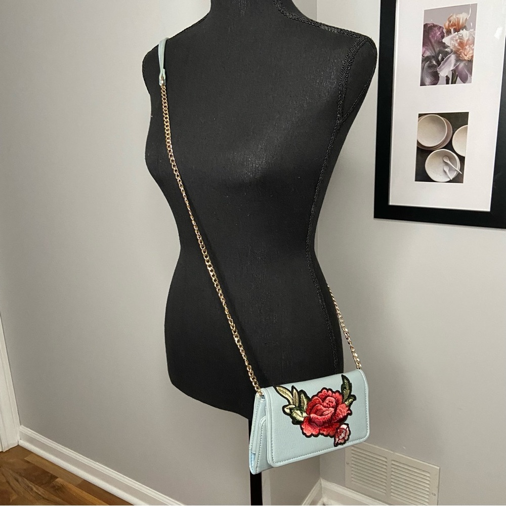Blue Faux Leather Floral Crossbody Bag